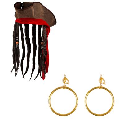 Boland Piraten set - hoed met vlechten - oorbellen met clip - goud - carnaval