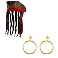 Boland Piraten set - hoed met vlechten - oorbellen met clip - goud - carnaval