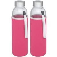 Glazen waterfles/drinkfles - 2x stuks - softshell bescherm hoes roze - 500 ml - Sportfles - Bidon