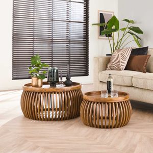 LifestyleFurn Ronde Salontafel Twiggy Mangohout, Set van 2 stuks - Massief mango zandkleur