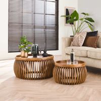 LifestyleFurn Ronde Salontafel Twiggy Mangohout, Set van 2 stuks - Massief mango zandkleur