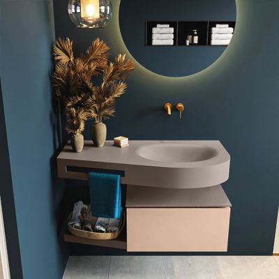 MONDIAZ RIVA 100cm badmeubel onderkast / planchet kleur Rosee met 1 lade. Wastafel DULCET rechts 0 kraangaten kleur Smoke. MONDIAZ RIVA 100cm badmeubel onderkast / planchet kleur Rosee met 1 lade. Wastafel DULCET rechts 0 kraangaten kleur Smoke.