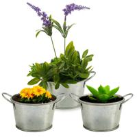 Plantenpot/bloempot teil - 3x - rond - zink - zilver - D12 x H17 cm