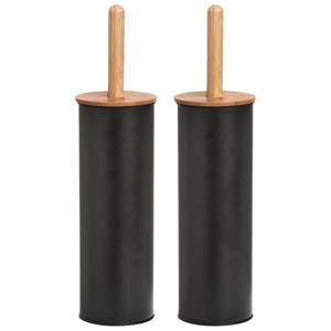 WC/Toiletborstel in houder - 2x - bamboe hout/metaal - zwart - H38 x D10 cm