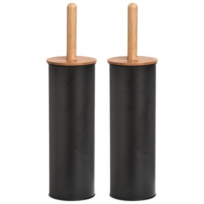 WC/Toiletborstel in houder - 2x - bamboe hout/metaal - zwart - H38 x D10 cm