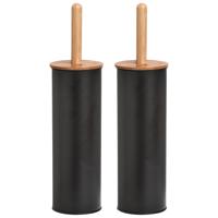 WC/Toiletborstel in houder - 2x - bamboe hout/metaal - zwart - H38 x D10 cm