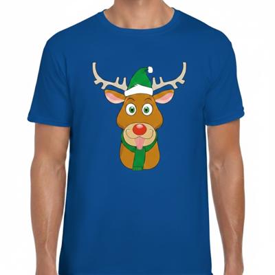 Kerst t-shirt voor heren - blauw - Rendier Rudolf - groene kerstmuts