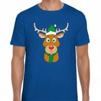 Kerst t-shirt voor heren - blauw - Rendier Rudolf - groene kerstmuts
