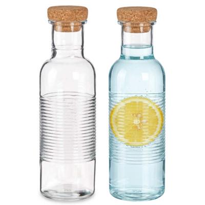 Pasabahce Waterfles met kurken dop - 2x -1070 ml - ribbel glas - D8 x H29 cm - drink flessen