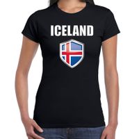 IJsland landen supporter t-shirt met IJslandse vlag schild zwart dames - thumbnail