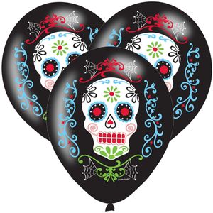 6x Zwarte horror ballonnen Day of the dead sugarskull print 27,5 cm