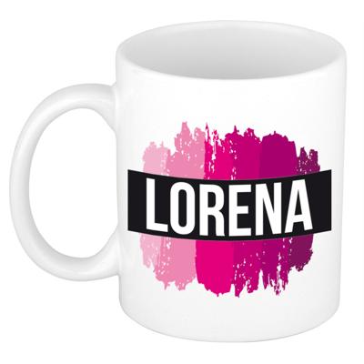 Lorena naam cadeau koffie mok - beker - met roze verfstrepen - Cadeau collega - moederdag