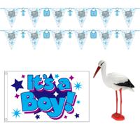 Geboorte baby jongen thema versiering - 4 artikelen - blauw - binnen - slingers - vlag - ooievaar