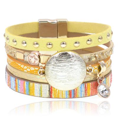 Gele multicolor leren dames armband Ibiza stijl met bedels en studs