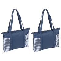 2x stuks strandtas/shopper blauw/wit met streepmotief 44 cm