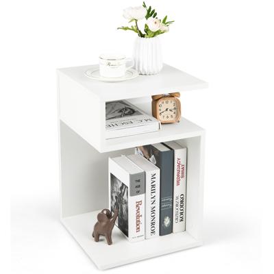 Bijzettafel 'S'-Vormige Woonkamerbank Bijzettafel met 2 Open Kluisjes Kleine Salontafel met Geometrisch Design Wit