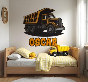 Gepersonaliseerde oranje bouwvrachtwagen muursticker kinderkamer