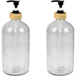 Zeeppompje/zeepdispenser van glas/bamboe - 2x - transparant - 1 liter - 24 cm