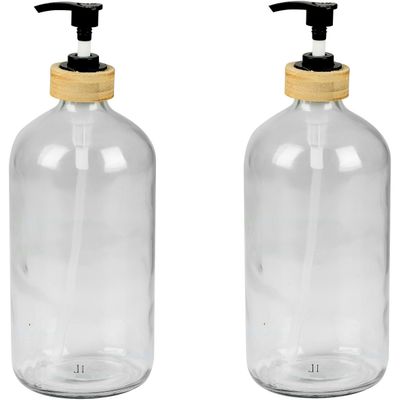 Zeeppompje/zeepdispenser van glas/bamboe - 2x - transparant - 1 liter - 24 cm