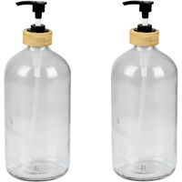 Zeeppompje/zeepdispenser van glas/bamboe - 2x - transparant - 1 liter - 24 cm - thumbnail