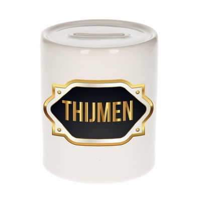 Naam cadeau spaarpot Thijmen met gouden embleem