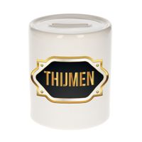 Naam cadeau spaarpot Thijmen met gouden embleem