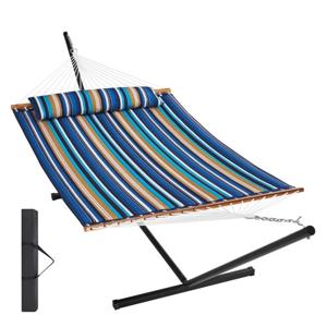 VEVOR 2-persoons hangmat met standaard, draagvermogen 207 kg, dubbele hangmat met stalen standaard van 3,5 meter en draagbare draagtas en kussen, hangmat voor buiten, terras, tuin, strand