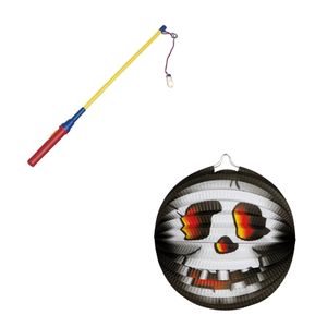 Ronde lampion 26 cm doodskop zwart inclusief lampionstokje