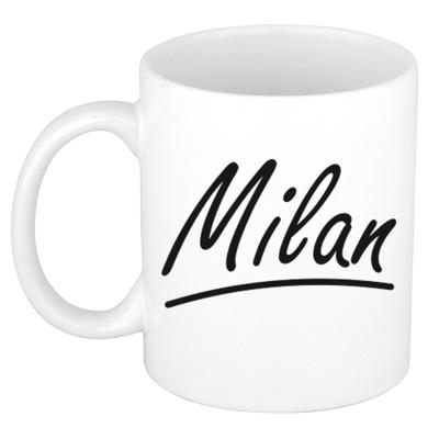 Milan Naam koffiemok - beker - met sierlijke letters - wit - 300 ml - Cadeau - Heren