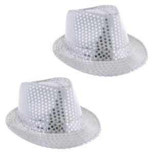 Carnaval verkleed Trilby hoedje met glitter pailletten - 2x - zilver - polyester - heren/dames