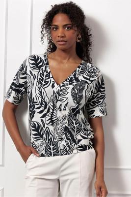 Studio Anneloes Mechi 2 Way Leaves Top 12991 T-shirt Korte Mouw 1769 Ecru/dark Blue