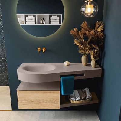 MONDIAZ RIVA 120cm badmeubel onderkast / planchet kleur Washed_Oak met 1 lade. Wastafel DULCET links 0 kraangaten kleur Smoke.