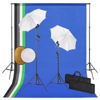 Fotostudioset met lampen, paraplu's, achtergrond en reflector