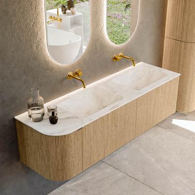 Badmeubel Mondiaz Kurve-Dlux | 155 cm | Meubelkleur Oak | Wastafelkleur Frappe | Solid surface | Dubbele spoelbak | Zonder kraangat(en)