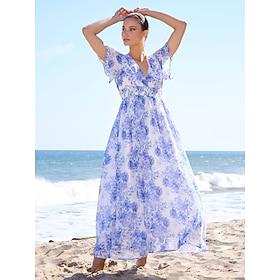 Dames Bruiloft gast jurk strand jurk Resortkleding Maxi-jurk blauw Korte mouw Bloemig V-hals Elastische taille Opdrukken Lente zomer V-hals Elegant Vakantie va