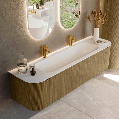 Badmeubel Mondiaz Kurve | 170 cm cm | Meubelkleur Dusk | Wastafelkleur Talc | Solid surface | Wasbak midden spoelbak | 2 kraangaten