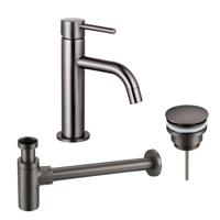Fortifura Calvi Slim Wastafelkraanset - lage wastafelkraan - klikwaste plug - design sifon - Geborsteld Gunmetal PVD SW766538/SW767288/SW767297