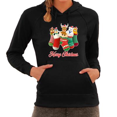 Kersttrui Kerstsokken - Merry Christmas - foute Kerst hoodie / hooded sweater - zwart - dames