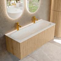 Badmeubel Mondiaz Kurve-Dlux | 120 cm | Meubelkleur Oak | Wastafelkleur Opalo | Solid surface | Midden spoelbak | 2 kraangaten