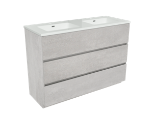Storke Edge staand badkamermeubel 120 x 46 cm beton zilvergrijs met Diva dubbele wastafel in glanzend composiet marmer