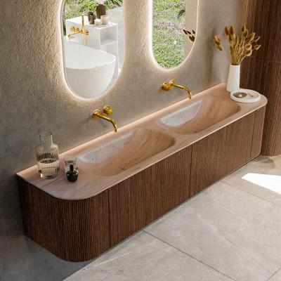 Badmeubel Mondiaz Kurve-Dlux | 190 cm | Meubelkleur Walnut | Wastafelkleur Saba | Solid surface | Wasbak beide zijden spoelbak | Zonder kraangat(en)