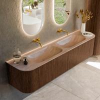 Badmeubel Mondiaz Kurve-Dlux | 190 cm | Meubelkleur Walnut | Wastafelkleur Saba | Solid surface | Wasbak beide zijden spoelbak | Zonder kraangat(en)