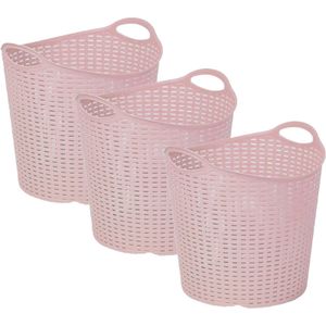 Gevlochten wasmand/opbergmand - 3x - flexibel - roze - 27 liter - rond - kunststof