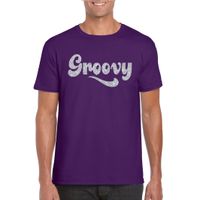 Paars Flower Power t-shirt Groovy met zilveren letters heren - thumbnail