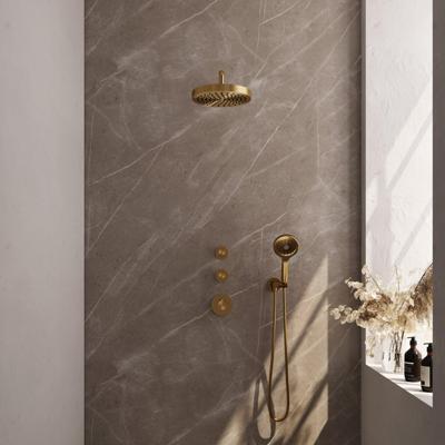BRAUER Stripe Thermostatische Inbouw Regendouche - SET 05 - 25cm douchekop - gebogen muurarm - 3-standen handdouche - doucheslang - wandaansluitbocht - goud geborsteld PVD 5-GG-373