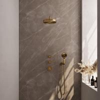 BRAUER Stripe Thermostatische Inbouw Regendouche - SET 05 - 25cm douchekop - gebogen muurarm - 3-standen handdouche - doucheslang - wandaansluitbocht - goud geborsteld PVD 5-GG-373