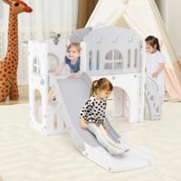 Kinder Glijbaan 9 in 1 Kinderglijbaan met Basketbalring Klimrek Tunnel Telescoop & Opbergruimte Grijs Kinder Glijbaan 9 in 1 Kinderglijbaan met Basketbalring Klimrek Tunnel Telescoop & Opbergruimte Grijs