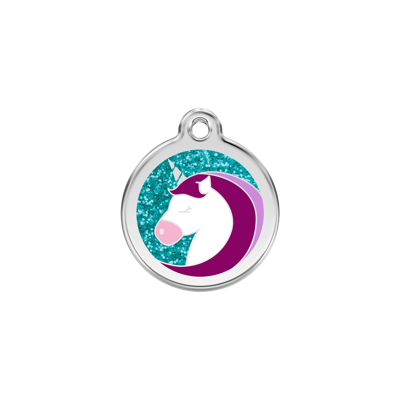 Unicorn Aqua glitter hondenpenning small/klein dia. 2 cm - Reddingo