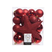 33x Rode kerstballen met ster piek 5-6-8 cm kunststof mix - thumbnail