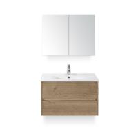 Dante Badmeubelset 80 cm - Natuur Eiken - Keramische Wastafel Wit Enjoy - met Spiegelkast
